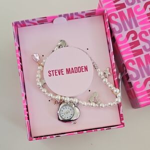 Steve Madden Pearl and Silver Charm Bracelet Watch Nwt